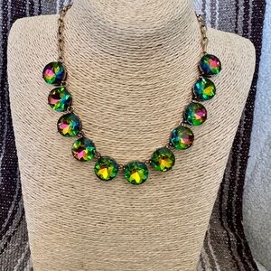 ATG Volcano Crystal Statement Necklace 11 Round Iridescent Green AB Stones Gold